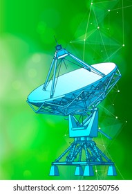 Satellite Dishes Antenna - doppler radar, digital wave and blue technology background - abstract illustration of science, astronomy, information technology, network solutions and digital technologies