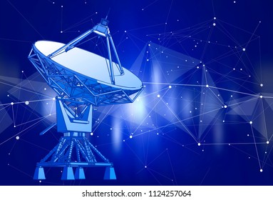 Satellite Dishes Antenna - doppler radar, digital wave and blue technology background - abstract illustration of science, astronomy, information technology, network solutions and digital technologies