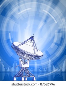 satellite dishes antenna - doppler radar, rays of light & blue radial technology background. Vector illustration / eps10