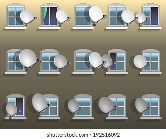 Satellite dishes beside the windows of an apartment building at sunset. Vector illustration.