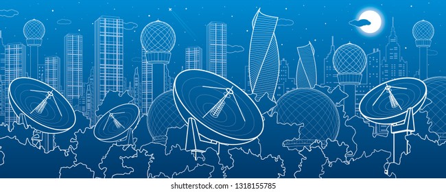 Satellite dishes in the woods, antenna  communication technology, weather station, radar installations, night city, urban scene, vector design art