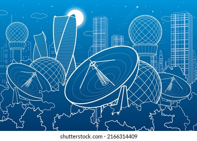 Satellitenschüsseln in den Wäldern, Antennen-Kommunikationstechnologie, Wetterstation, Radaranlagen, Nachtstadt, Stadtbild, Vektordesign-Kunst