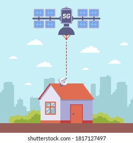 the satellite distributes free 5G internet. flat vector illustration.