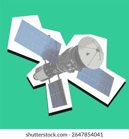 Satellite dotted collage element in a torn paper vector, created with pointillism. for global communication, technology, space exploration, or connectivity with a unique vintage aesthetic.