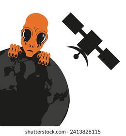 Satellite, Earth and Alien head isolated white background. Space exploration. Design for t-shirt print. Vector illustration. EPS 10 with editable stroke