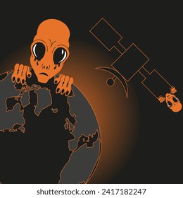 Satellite, Earth and Alien head on black background. Space exploration. Futuristic Design for t-shirt print. Vector illustration. EPS 10 with editable stroke