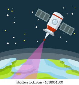 Satellite in earth orbit. Planet in space. Communication and digital waves. Transmitting information over antenna. Internet and TV. Spacecraft and flat spacecraft.