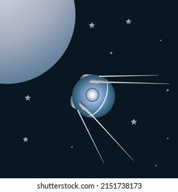 Satellite of the Earth. A round artificial satellite in space near the planet Earth. A flying spaceship. Vector illustration.