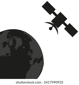 Satellite and Earth silhouette isolated white background. Space exploration. Design for t-shirt print. Vector illustration. EPS 10