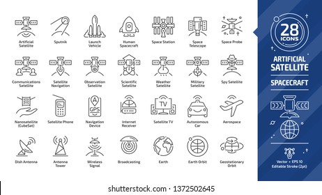 Satellite editable stroke outline icon set with dish and tower antenna, space station, earth orbit, wireless communication technology, GPS navigation signal, human spacecraft and more line sign.