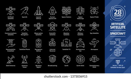 Satellite editable stroke outline icon set on a black background with dish and tower antenna, space station, earth orbit, wireless communication technology, GPS navigation signal and more line sign.