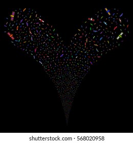 Satellite fireworks stream. Vector illustration style is flat bright multicolored iconic symbols on a black background. Object double fountain created from random pictographs.