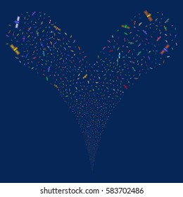 Satellite fireworks stream. Vector illustration style is flat bright multicolored iconic symbols on a blue background. Object double fountain made from random symbols.