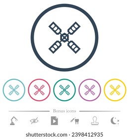 Satellite flat color icons in round outlines. 6 bonus icons included.