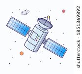 A satellite flat style cartoon illustration. The technology concept icon isolated. telecommunications, astronomy, antenna, network, & exploration.