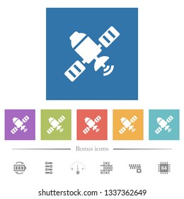 Satellite flat white icons in square backgrounds. 6 bonus icons included.