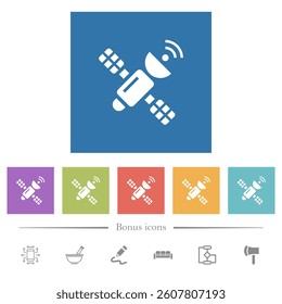 Satellite flat white icons in square backgrounds. 6 bonus icons included.