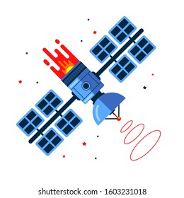 satellite flies in space among the stars. trigger a signal. flat vector illustration
