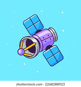 Satellite Floating In Space Cartoon Vector Icon Illustration. Science Technology Icon Concept Isolated Premium Vector. Flat Cartoon Style