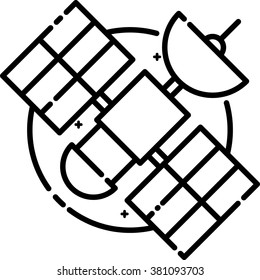 Satellite floating in space, vector outline icon.