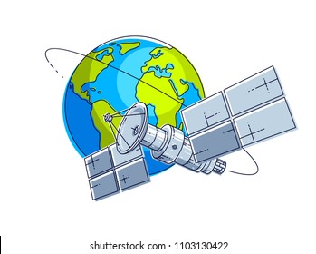 Satellite flying orbital flight around earth, communication technology spacecraft space station with solar panels and satellite antenna plate. Thin line 3d vector illustration.
