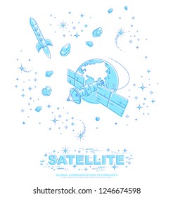 Satellite flying orbital flight around earth, communication technology spacecraft space station with solar panels and satellite antenna plate, with rockets, stars and other elements. Vector.