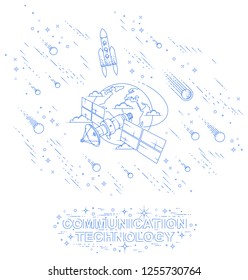 Satellite flying orbital flight around earth, communication technology spacecraft space station with solar panels and satellite antenna plate, with rockets, stars and other elements. Vector.