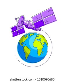 Satellite flying orbital flight around earth, communication technology spacecraft space station with solar panels and satellite antenna plate. Thin line 3d vector illustration.