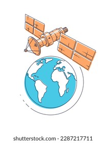 Satellite flying orbital flight around earth, communication technology spacecraft space station with solar panels and satellite antenna plate. Thin line 3d vector illustration.