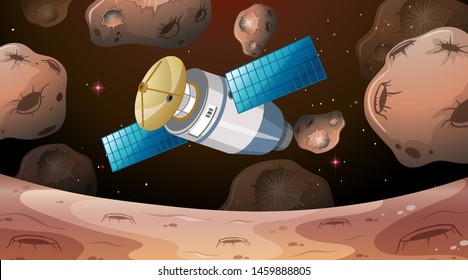 Satellite flying through asteroids illustration