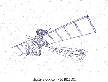 Satellite Frigate in space. Color picture. Vector illustration.