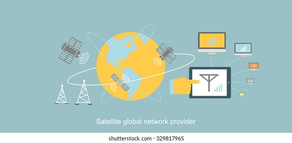 Satellite global network provider icon flat. Internet communication, computer technology, information digital, signal and connection station, web wireless space illustration