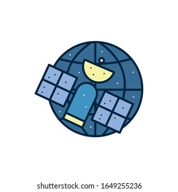 Satellite and global sphere line fill style icon of Space futuristic cosmos outside universe astronomy adventure and exploration theme Vector illustration
