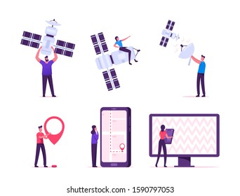 Satellite Global Wireless Connection for Gps, Mobile and Tv Services Concept. People Use Digital Cable, Remote Television Control, Smartphone Map. Users and Technics Cartoon Flat Vector Illustration