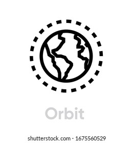 Satellite globe earth icon. Editable line vector. A model of the earth with the contours of the continents and the orbit of the space station. Single pictogram.