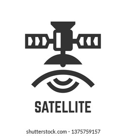 Satellite glyph icon with communication spacecraft, dish antenna, earth and wireless signal technology symbol.