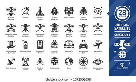 Satellite glyph icon set with dish and tower antenna, space station, earth orbit, wireless communication technology, GPS navigation signal, launch vehicle and more silhouette symbols.