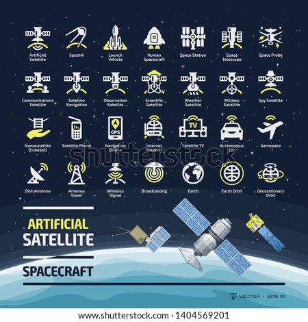 Satellite glyph icon set with flat spacecraft, dish and tower antenna, space station, earth orbit, wireless communication technology, GPS navigation signal silhouette symbols.