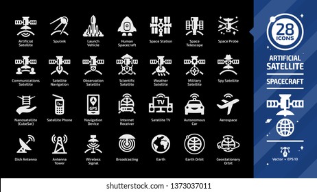 Satellite glyph icon set on a black background with communications, navigation, observation, scientific, weather, military and spy spacecraft, sputnik, launch vehicle, space station silhouette sign.