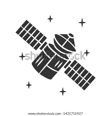 Satellite glyph icon. Sputnik. Artificial object in orbit. Space probe. Earth observation. Space telescope. GPS navigation. Silhouette symbol. Negative space. Vector isolated illustration