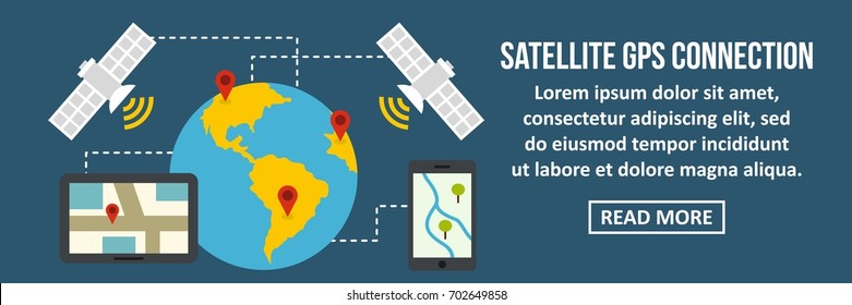 Satellite gps connection banner horizontal concept. Flat illustration of satellite gps connection banner horizontal vector concept for web