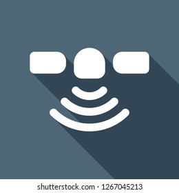 Satellite of gps or internet technology, icon. White flat icon with long shadow on blue background