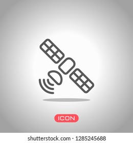 Satellite of gps or internet technology, outline linear icon. Icon under spotlight. Gray background