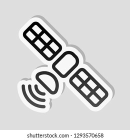 Satellite of gps or internet technology, outline linear icon. Sticker style with white border and simple shadow on gray background