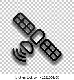Satellite of gps or internet technology, outline linear icon. Black glass icon with soft shadow on transparent background