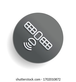 Satellite of gps or internet technology, outline linear icon. White paper symbol on gray round button or badge with shadow