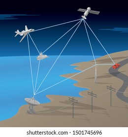 Satellite GPS Network Communication Scene with Aircraft, Ship, Ground Radar, and Car, Vector Illustration