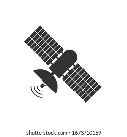 Icono de satélite con antena y paneles solares. Diseño plano simple para logotipos, aplicaciones y sitios web.
