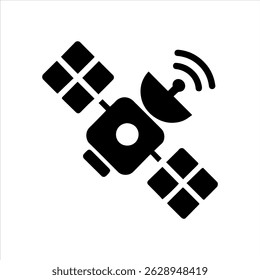 Satellite Icon – Black Silhouette Vector with Antennas and Solar Panels on White Background