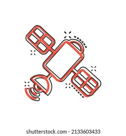 Satellite icon in comic style. Sputnik cartoon vector illustration on white isolated background. Space transport splash effect sign business concept.